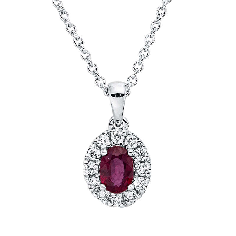 Collier 18 kt WG, mit ZÖ 42 cm, 12 Brill. 0,09 ct, TW-vsi, 1 Rubin 0,27 ct rot