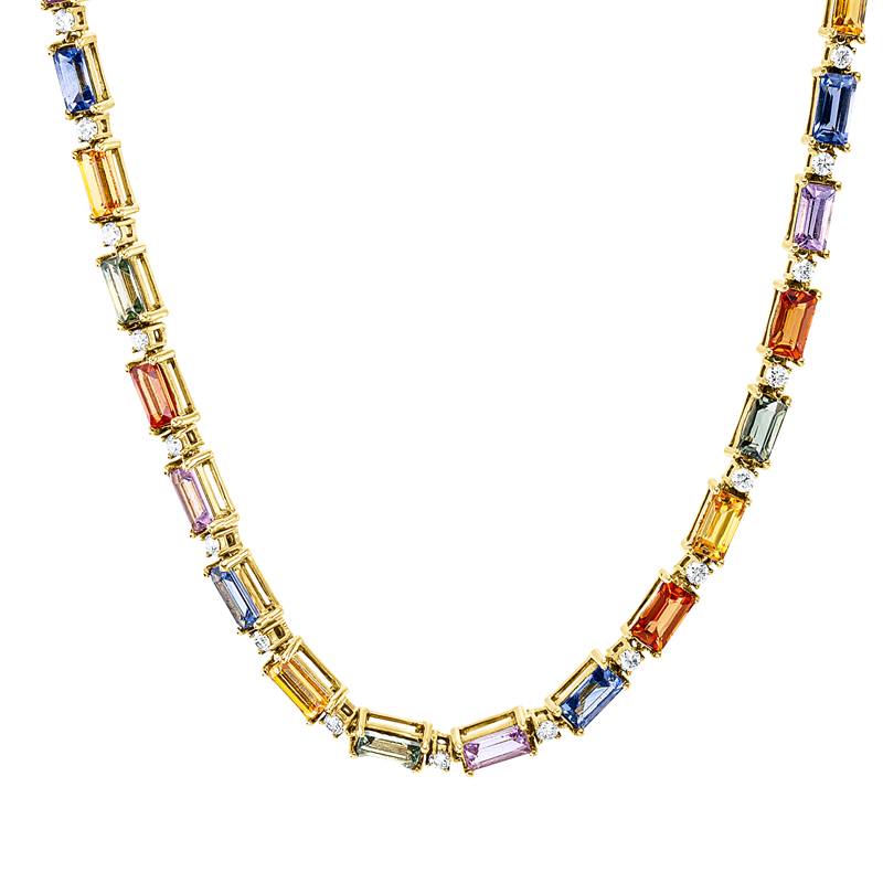 Collier 18 kt GG, 34 Brill. 0,39 ct, TW-vsi, 35 Saphire 4,86 ct multicolor