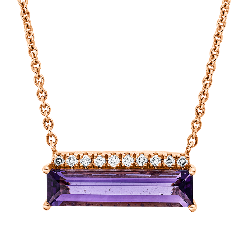 Collier 14 kt RG, mit ZÖ 40 cm + 43 cm, 10 Brill. 0,10 ct, W-si/pi, 1 Amethyst 1,83 ct lila
