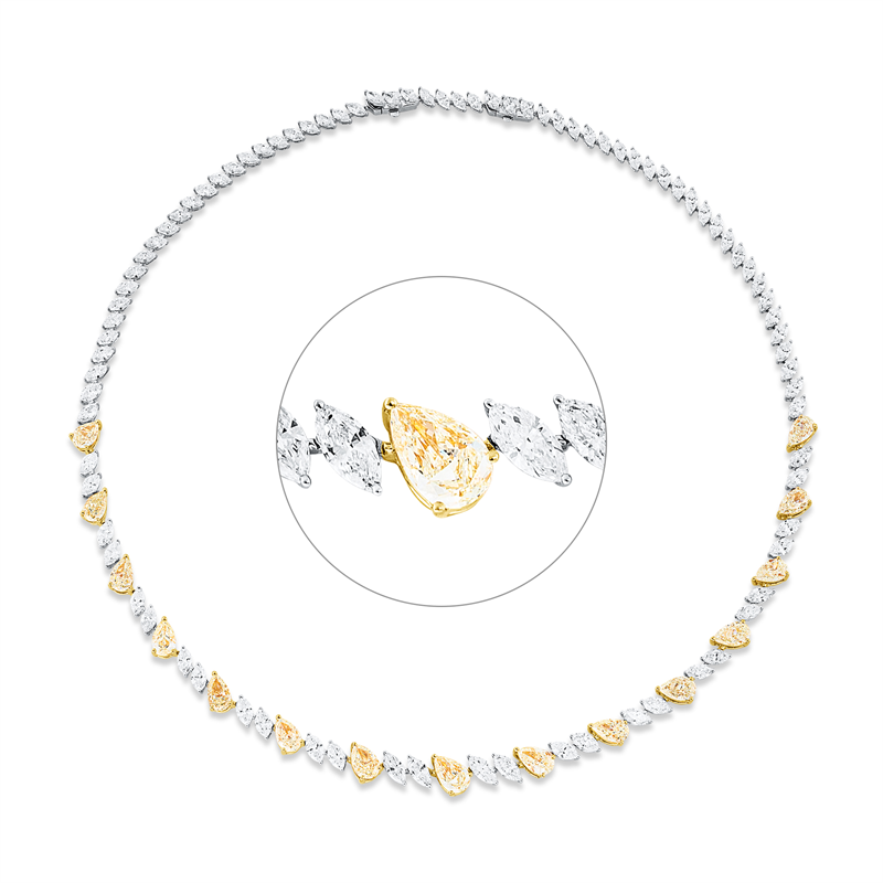 Collier 18 kt WG+GG, 87 Nav. 13,50 ct, TW-si, 1 Tropfen 1,02 ct, gelb, 14 Tropfen 10,70 ct, gelb