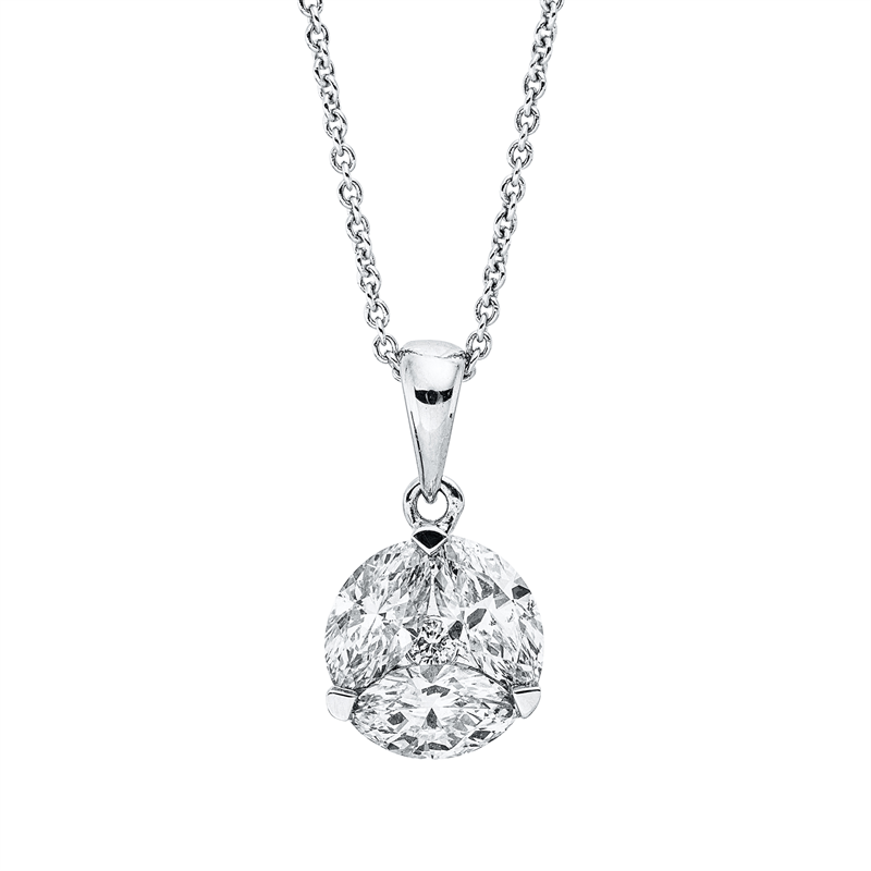 Collier 18 kt WG, mit ZÖ 40 cm + 41,5 cm, 3 Nav. 0,71 ct, TW-si/pi, 1 Brill. 0,02 ct, TW-si/pi