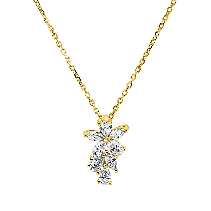 Collier 18 kt GG, mit ZÖ 40 cm, 4 Nav. 0,14 ct, TW-si, 3 Tropfen 0,14 ct, TW-si, 1 Oval 0,06 ct, TW-si