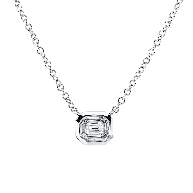 Collier 18 kt WG, mit ZÖ 40,6 cm, 1 Sm.schliff 0,15 ct, TW-si, 8 Trap. 0,21 ct, TW-si