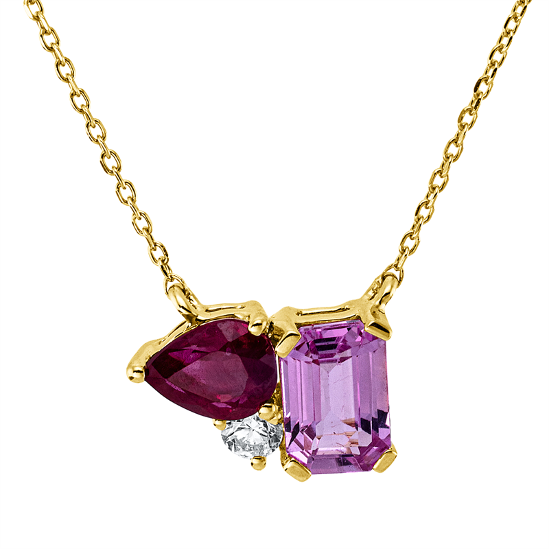 Collier 18 kt GG, 1 Brill. 0,05 ct, TW-vsi, 1 Saphir 0,70 ct pink, 1 Rubin 0,50 ct rot