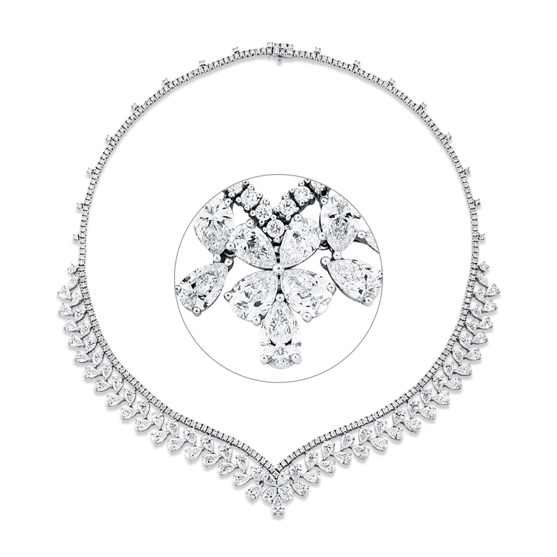 Collier 18 kt WG, Choker, 73 Tropfen 18,13 ct, TW-si, 246 Brill. 4,50 ct, TW-si