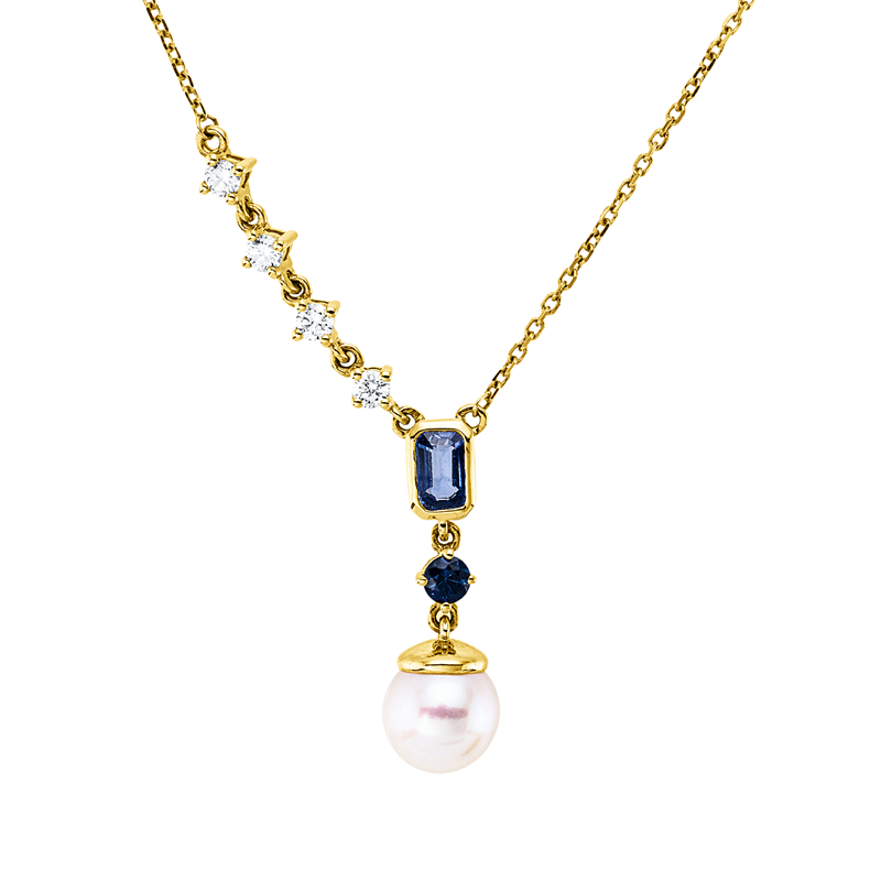Collier 18 kt GG, mit ZÖ 40 cm, 2 Saphir 0,50 ct blau, 1 SW weiß 7 mm, 4 Brill. 0,18 ct, TW-si