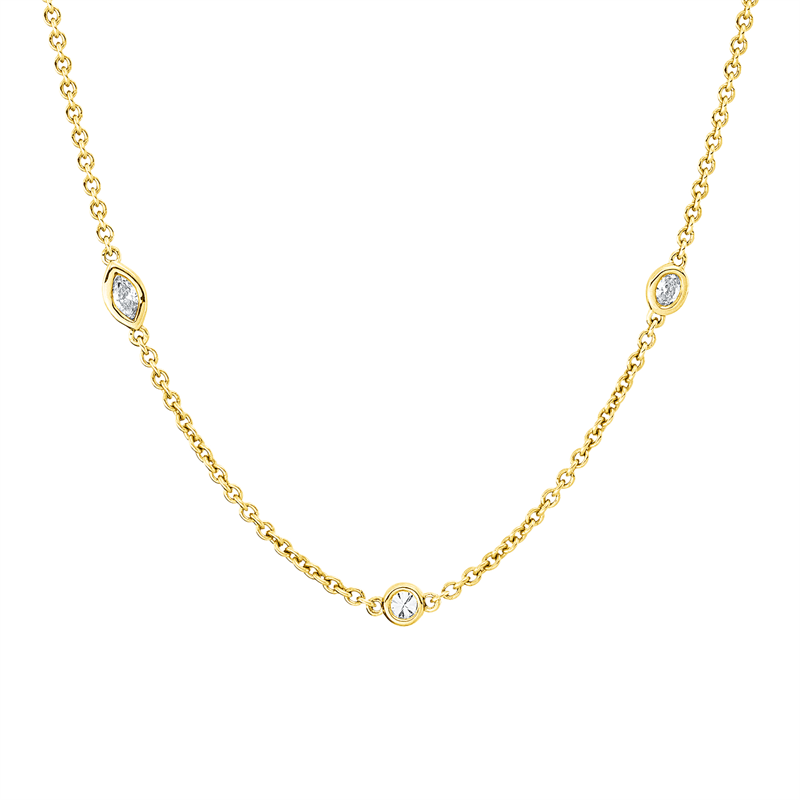 Collier 18 kt GG, 2 Tro 0,16 ct, 2 Ov 0,13 ct, 2 Nav. 0,17 ct, 2 Sm.schl 0,17 ct, 2 Br. 0,15 ct, TW-si