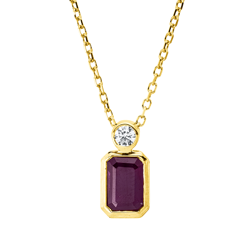 Collier 18 kt GG, mit ZÖ 40 cm + 42 cm, 1 Brill. 0,04 ct, TW-si, 1 Rubin 0,70 ct rot