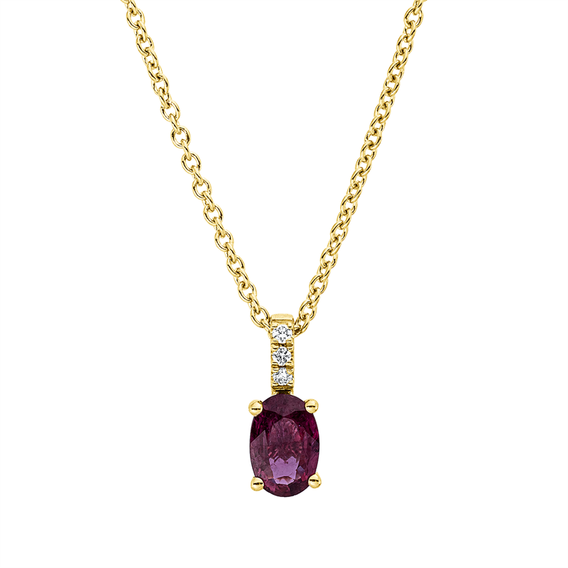 Collier 18 kt GG, mit ZÖ 42 cm, 3 Brill. 0,02 ct, TW-si, 1 Rubin 0,46 ct rot