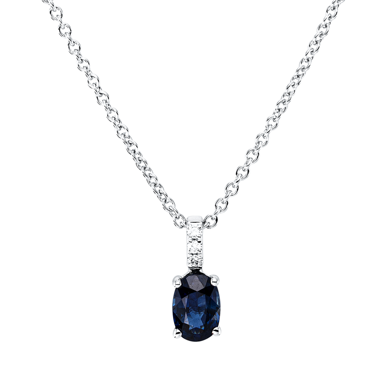 Collier 18 kt WG, mit ZÖ 42 cm, 3 Brill. 0,02 ct, TW-si, 1 Saphir 0,65 ct blau