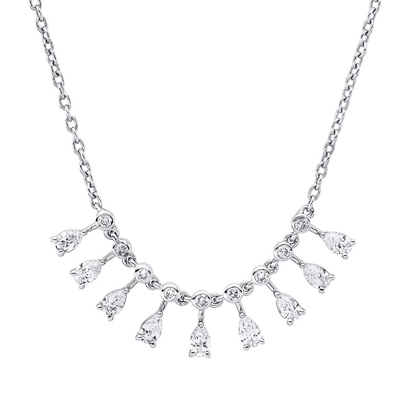 Collier 18 kt WG, 9 Tropfen 0,62 ct, F-vsi/si, 9 Brill. 0,14 ct, F-vsi/si