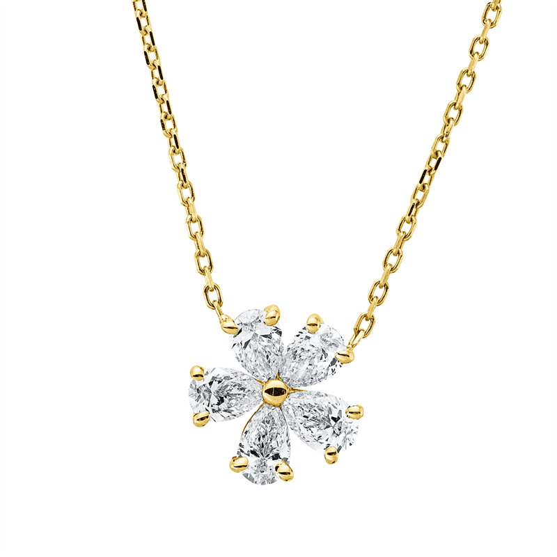 Collier 18 kt GG, mit ZÖ 38 cm, 5 Tropfen 0,48 ct, E-vsi/si