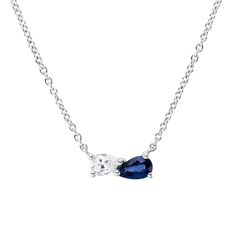 Collier 18 kt WG, 1 Tropfen 0,17 ct, TW-si, 1 Saphir 0,31 ct blau