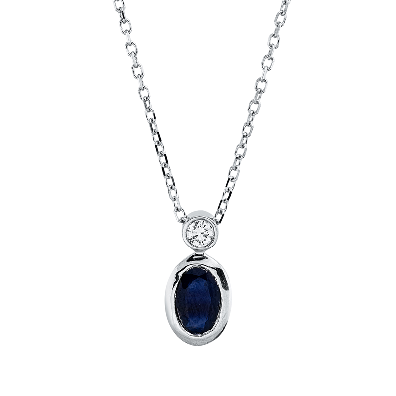 Collier 18 kt WG, mit ZÖ 40 cm + 42 cm, 1 Brill. 0,04 ct, TW-si, 1 Saphir 0,50 ct blau
