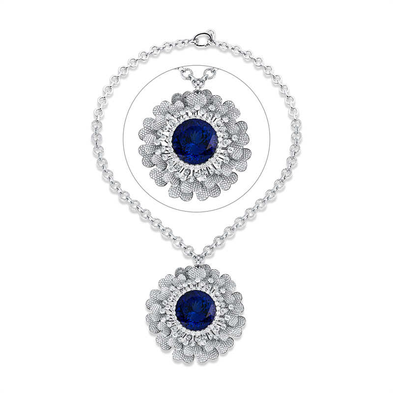 Collier 18 kt WG, 40 Rosen-Schl 4,26 ct, TW-si, 2224 Brill. 11,87 ct, TW-si, 1 Tansanit 69,05 ct blau
