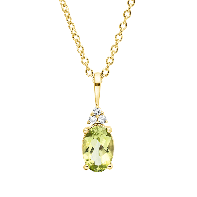 Collier 18 kt GG, mit ZÖ 40 cm + 42,5 cm, 3 Brill. 0,02 ct, TW-si, 1 Peridot 0,46 ct grün