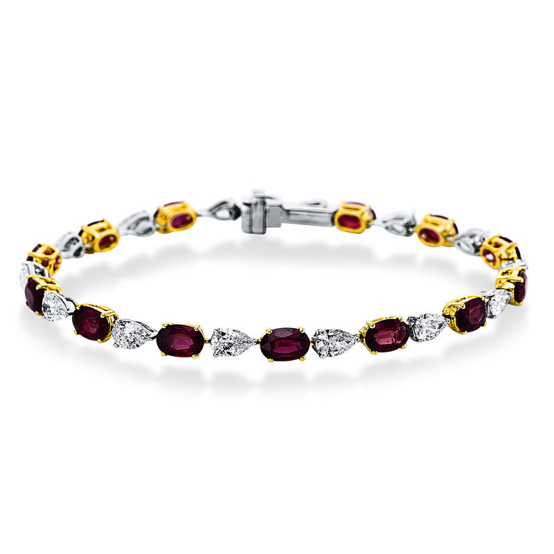 Armband 18 kt WG+GG, 14 Tropfen 3,84 ct, F-vsi, 14 Rubine 5,30 ct rot