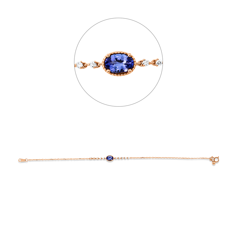 Armband 18 kt RG, 10 Brill. 0,11 ct, TW-pi, 1 Tansanit 0,51 ct blau