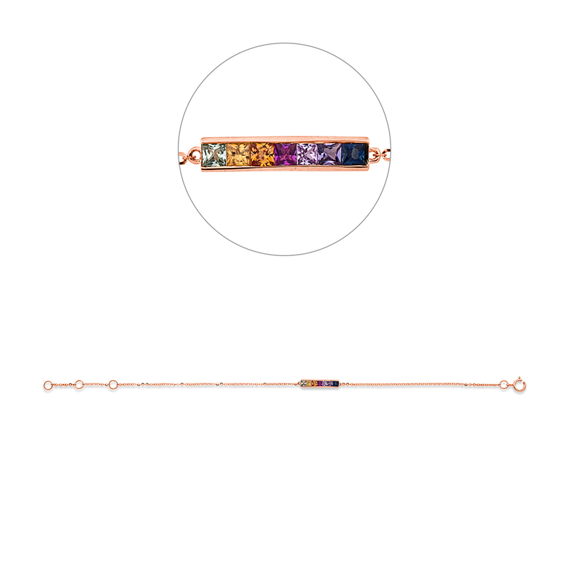 Armband 18 kt RG, mit ZÖ 15 cm + 16.5 cm, 7 Saphire 0,42 ct multicolor