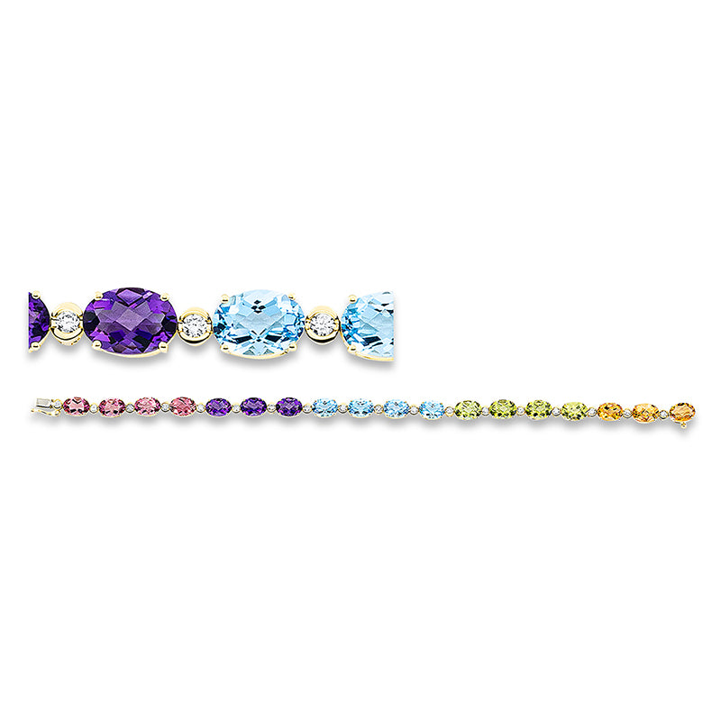 Armband 18 kt GG, 18 Brill. 0,42 ct, TW-si, 18 Farbsteine 14,80 ct multicolor
