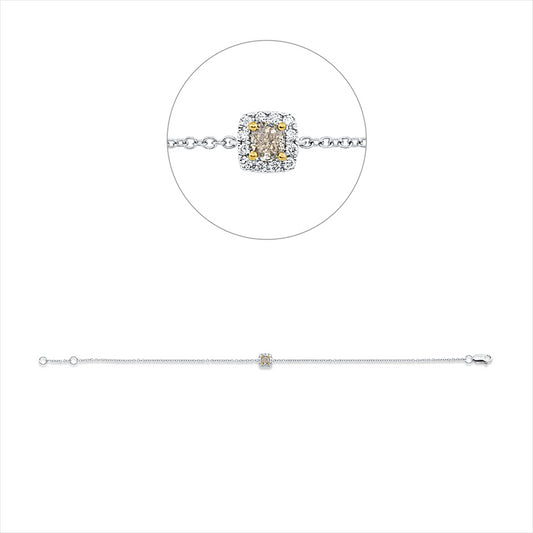 Armband 18 kt WG+GG, mit ZÖ 16,5 cm, 12 Brill. 0,06 ct, TW-si, 1 Cushion 0,25 ct, gelb