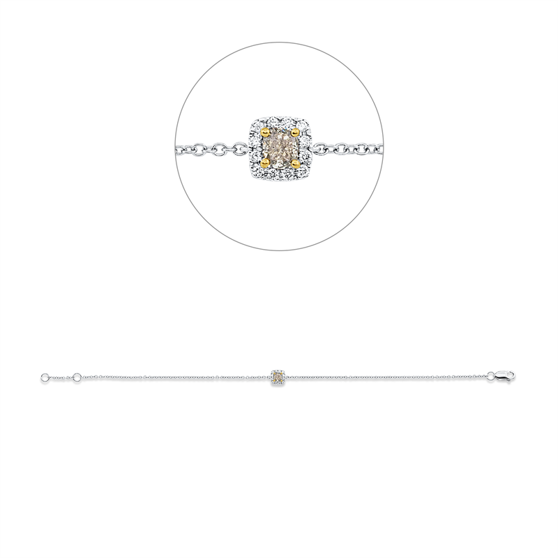 Armband 18 kt WG+GG, mit ZÖ 16,5 cm, 12 Brill. 0,06 ct, TW-si, 1 Cushion 0,23 ct, gelb