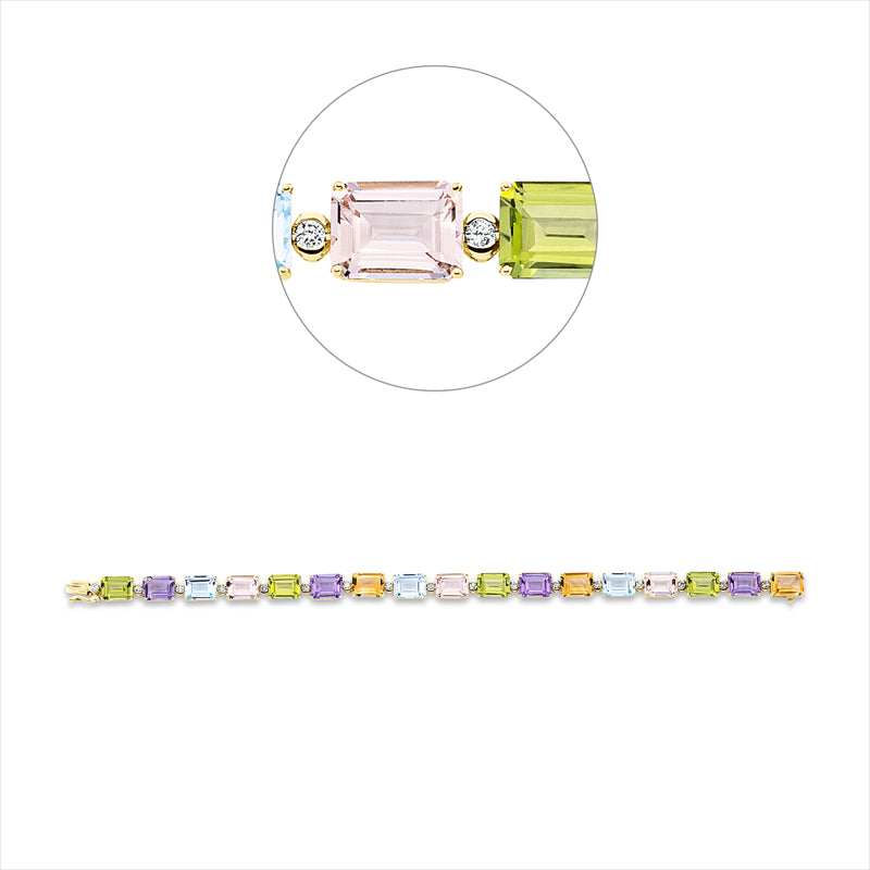 Armband 18 kt GG, 17 Brill. 0,50 ct, TW-si, 17 Farbsteine 27,00 ct multicolor