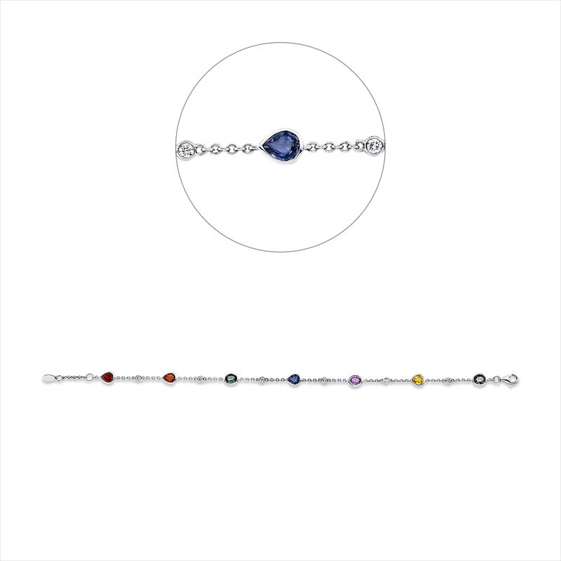 Armband 18 kt WG, mit ZÖ 16,5 cm, 6 Brill. 0,17 ct, W-pi, 7 Saphire 2,89 ct multicolor
