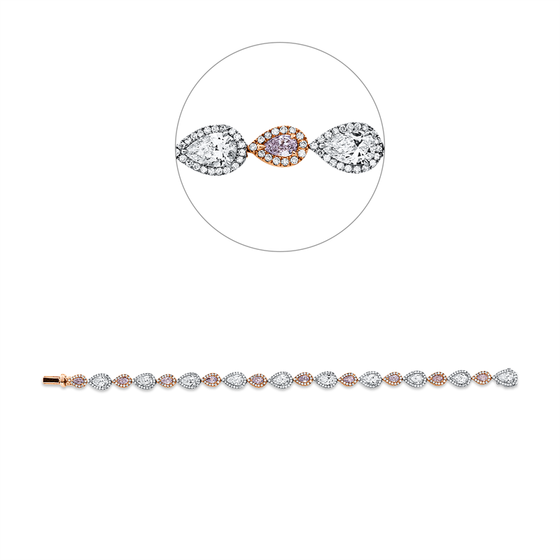 Armband 18 kt,10 Tropfen 4,34ct,D/F-vvs/vs,150 Fant-Schl 2,13ct,pink-vsi/si,202 Brill0,74ct,D/F-vsi/si