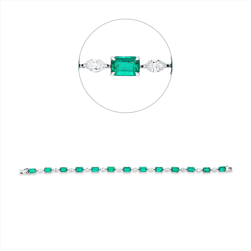 Armband 18 kt WG, 13 Nav. 1,69 ct, F-vvs/vs, 13 Smaragde 6,80 ct grün