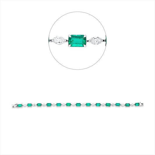 Armband 18 kt WG, 13 Nav. 1,69 ct, F-vvs/vs, 13 Smaragde 6,80 ct grün