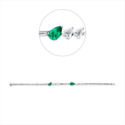 Armband 18 kt WG, 4 Tropfen 0,86 ct, D/G-vvs/vs, 35 Bag. 2,77 ct, TW-vsi, 2 Smaragde 1,31 ct grün