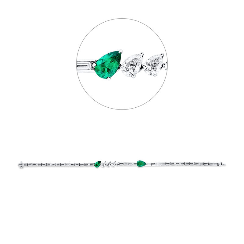Armband 18 kt WG, 4 Tropfen 0,86 ct, D/G-vvs/vs, 35 Bag. 2,77 ct, TW-vsi, 2 Smaragde 1,31 ct grün