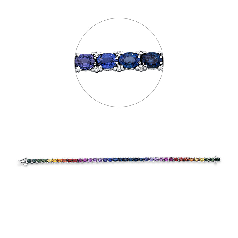 Armband 18 kt WG, 76 Brill. 0,58 ct, TW-si, 38 Saphire 11,59 ct fancy