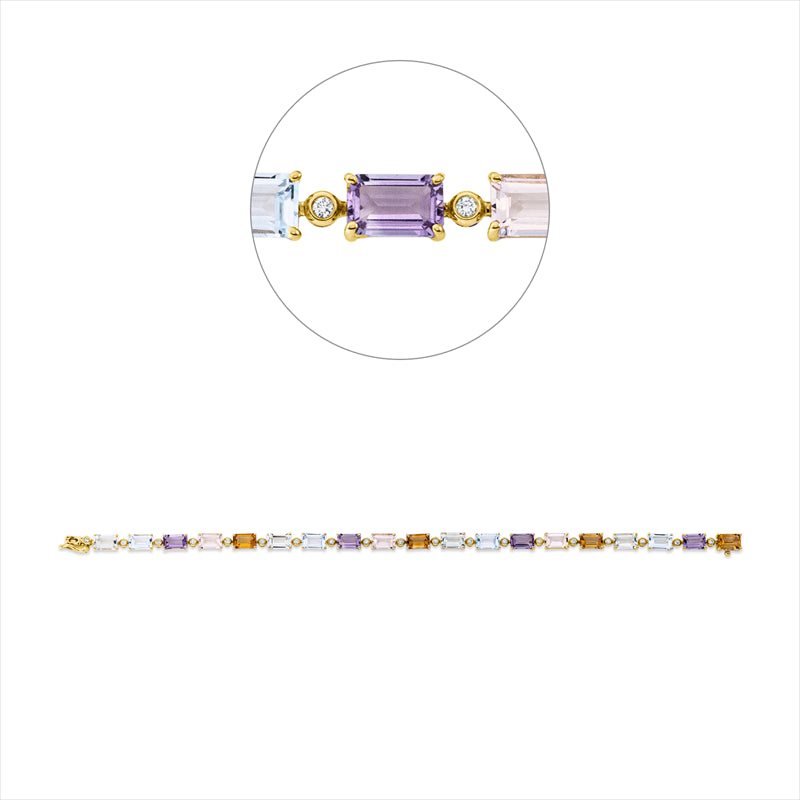 Armband 18 kt GG, 19 Brill. 0,21 ct, TW-si, 3 Morganit 1,60 ct rosé, 4 Amethyste 2,10 ct pink, 4 Topase 2,90 ct sky blue, 4 Amethyste 2,20 ct grün, 4 Citrin 2,00 ct gelb