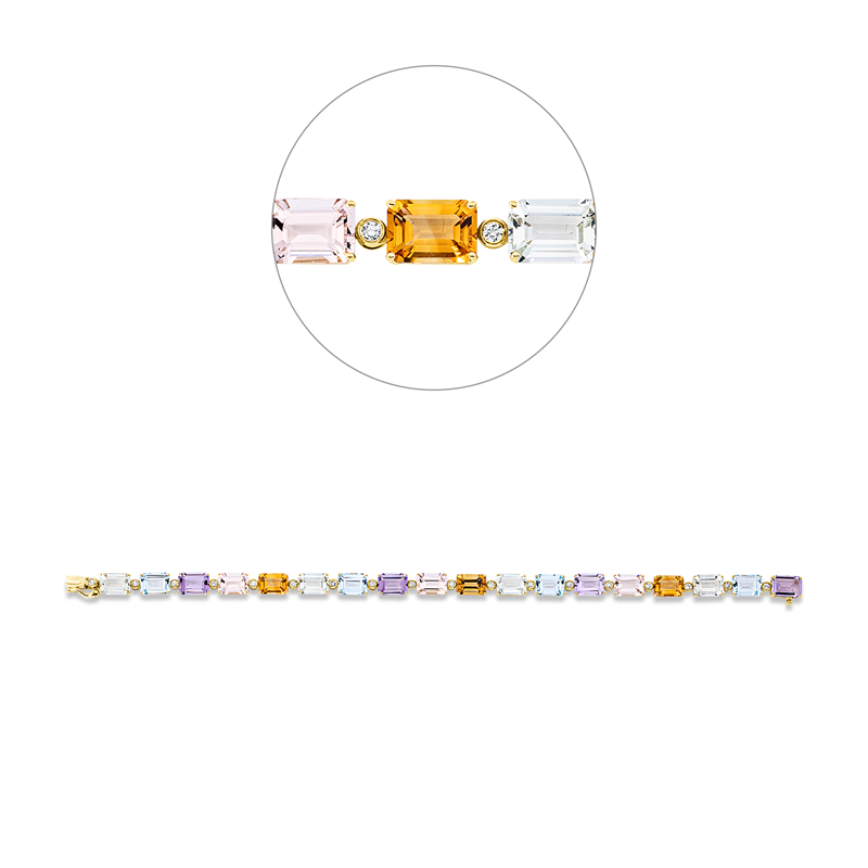 Armband 18 kt GG, 18 Brill. 0,30 ct, TW-si, 18 Farbsteine 17,60 ct multicolor