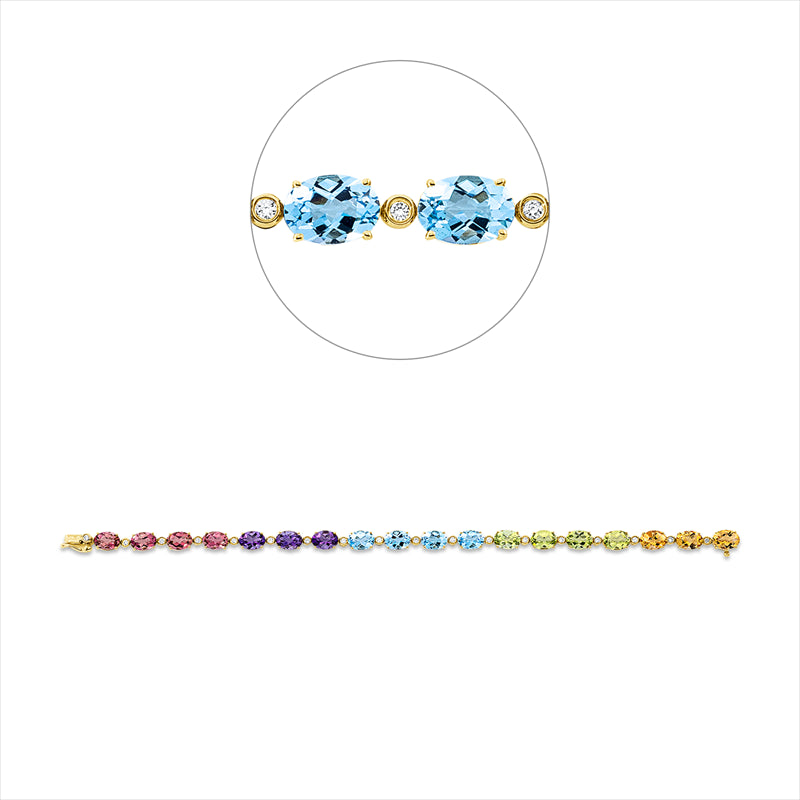Armband 18 kt GG, 18 Brill. 0,30 ct, TW-si, 18 Farbsteine 14,60 ct multicolor