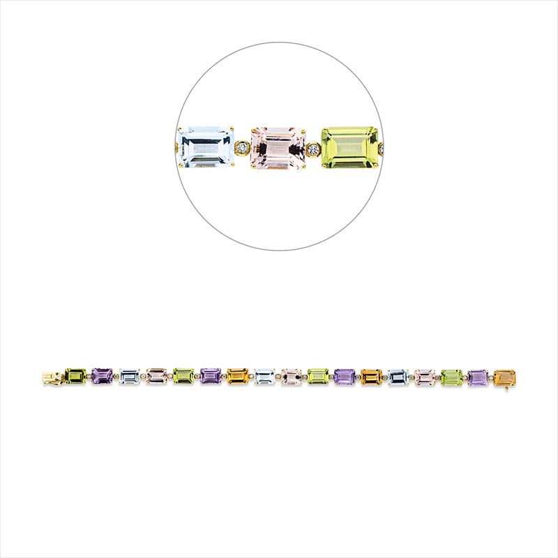 Armband 18 kt GG, 17 Brill. 0,29 ct, TW-si, 17 Farbsteine 27,00ct multicolor
