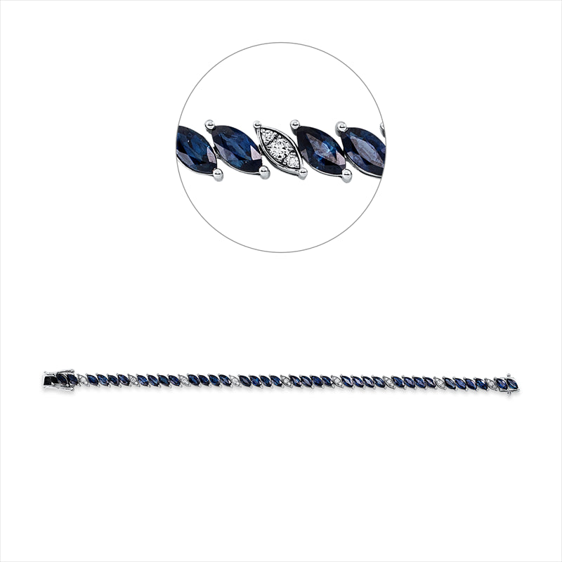 Armband 18 kt WG, 27 Brill. 0,32 ct, F-vsi, 36 Saphire 10,82 ct blau