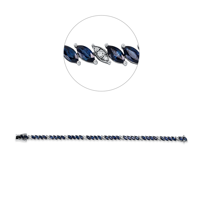 Armband 18 kt WG, 27 Brill. 0,32 ct, F-vsi, 36 Saphire 10,82 ct blau