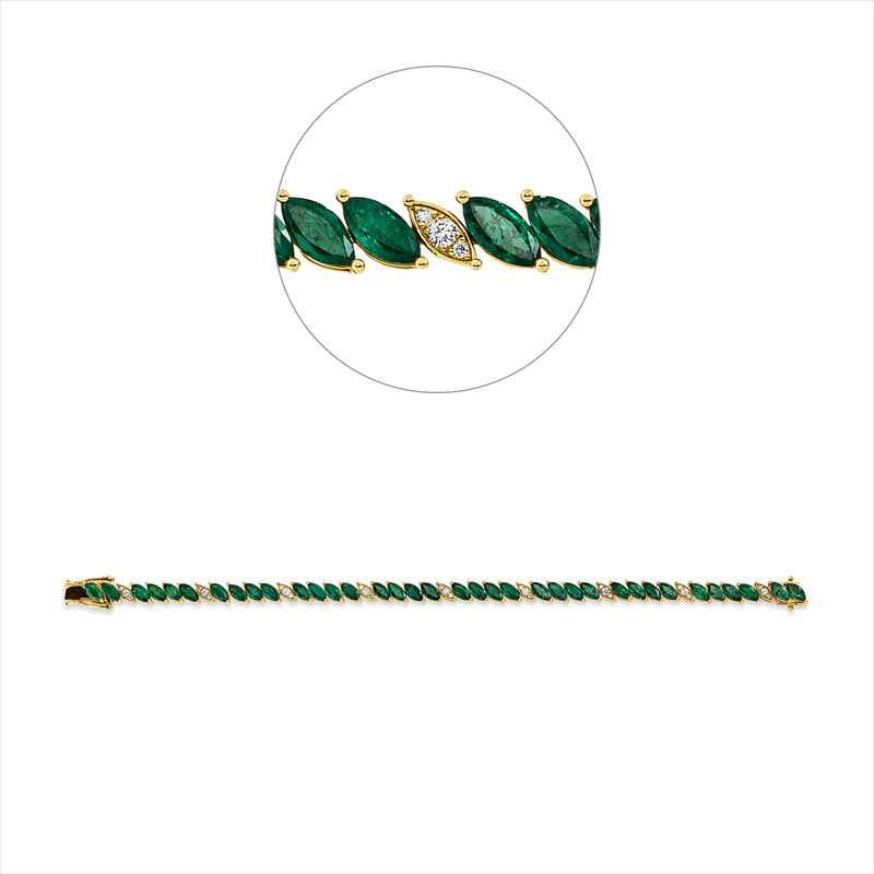 Armband 18 kt GG, 27 Brill. 0,32 ct, F-vsi, 36 Smaragde 9,27 ct grün