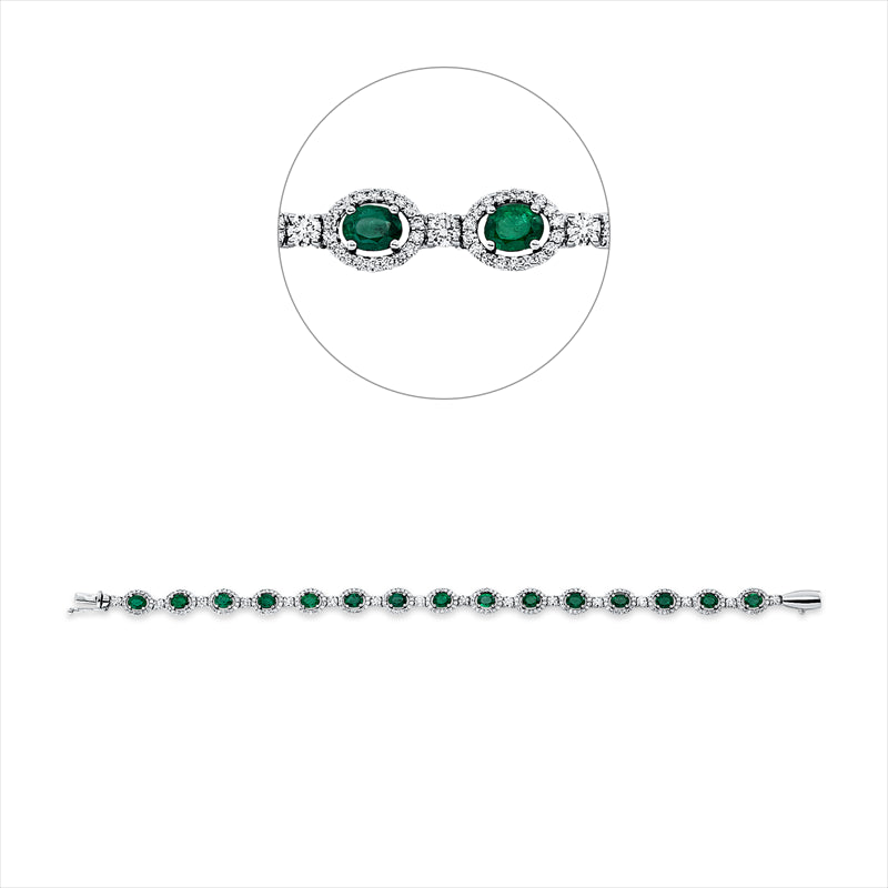 Armband 18 kt WG, 286 Brill. 2,46 ct, F-vsi, 15 Smaragde 4,24 ct grün
