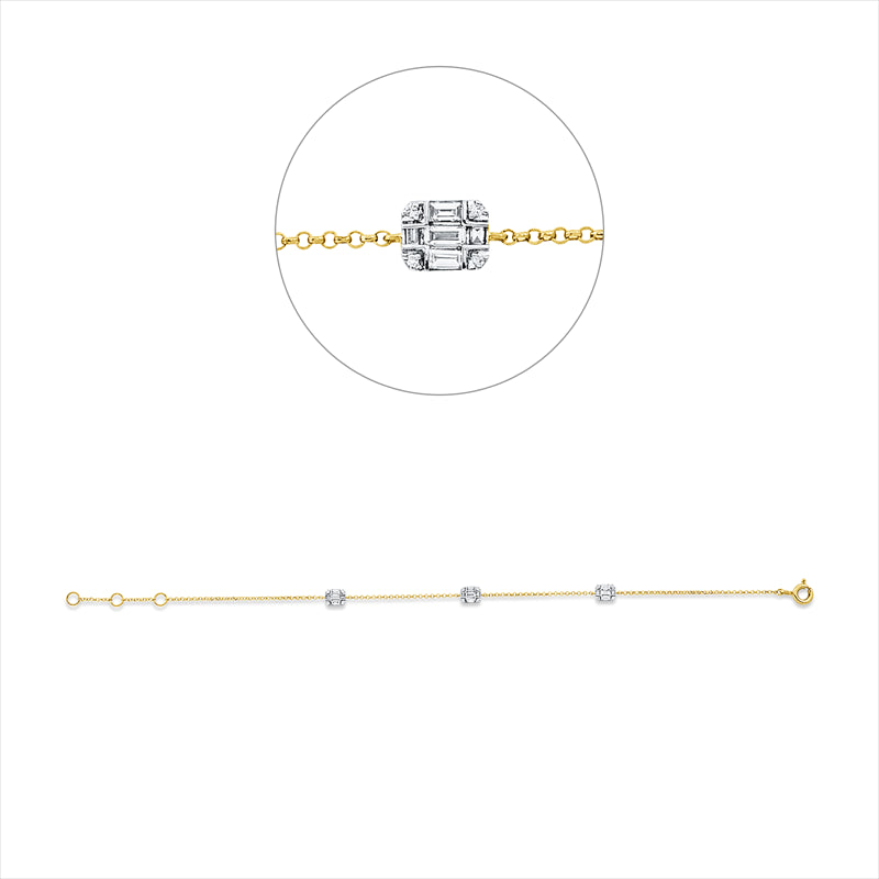 Armband 18 kt GG, Fassung rhod., ZÖ 15,5+16,5 cm, 15 Bag. 0,20 ct, TW-si, 12 Brill. 0,02 ct, TW-si