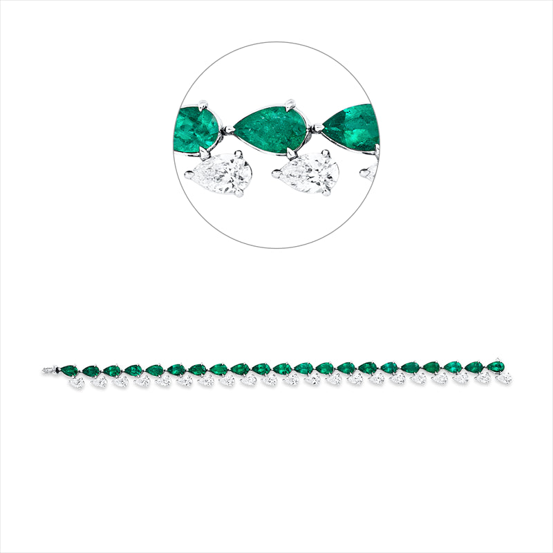 Armband 18 kt WG, 21 Tropfen 6,48 ct, F-vvs/vs, 21 Smaragde 9,06 ct grün
