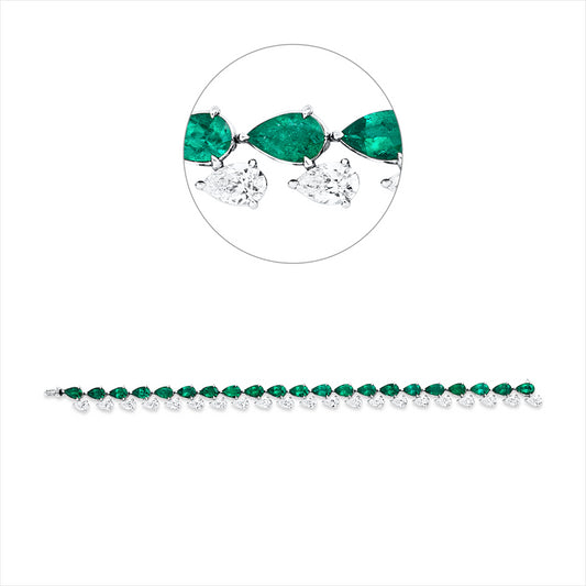 Armband 18 kt WG, 21 Tropfen 6,48 ct, F-vvs/vs, 21 Smaragde 9,06 ct grün