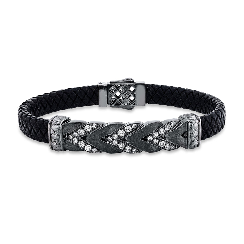 Armband 14 kt WG schw rhod, matt,schwarzes Band, 12 Brill 0,47 ct, 15 Brill 0,25 ct, TW-si