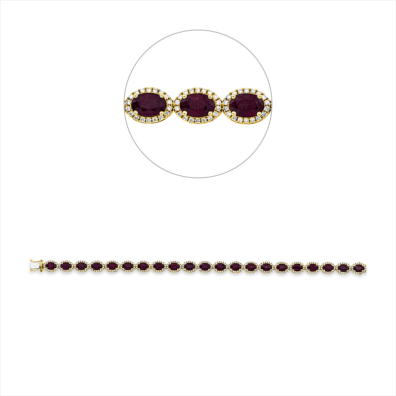 Armband 18 kt GG, 378 Brill. 1,32 ct, gelb, 21 Rubine 12,07 ct rot