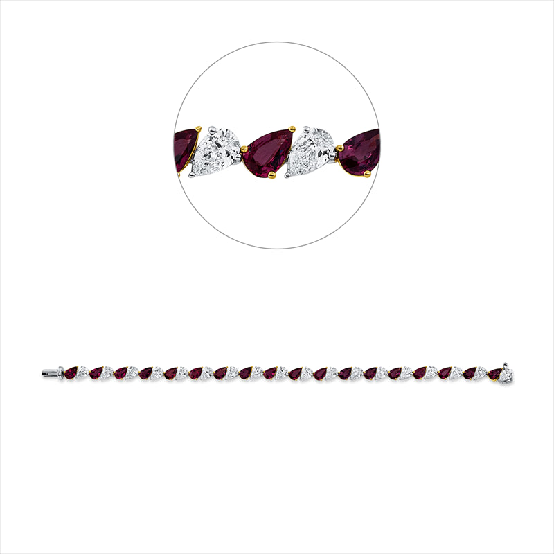 Armband 18 kt WG+GG, 18 Tropfen 5,79 ct, F-vsi/si, 18 Rubine 6,33 ct rot