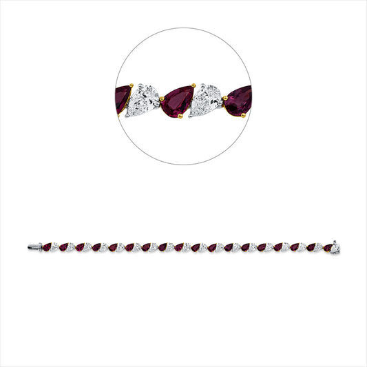 Armband 18 kt WG+GG, 18 Tropfen 5,79 ct, F-vsi/si, 18 Rubine 6,33 ct rot
