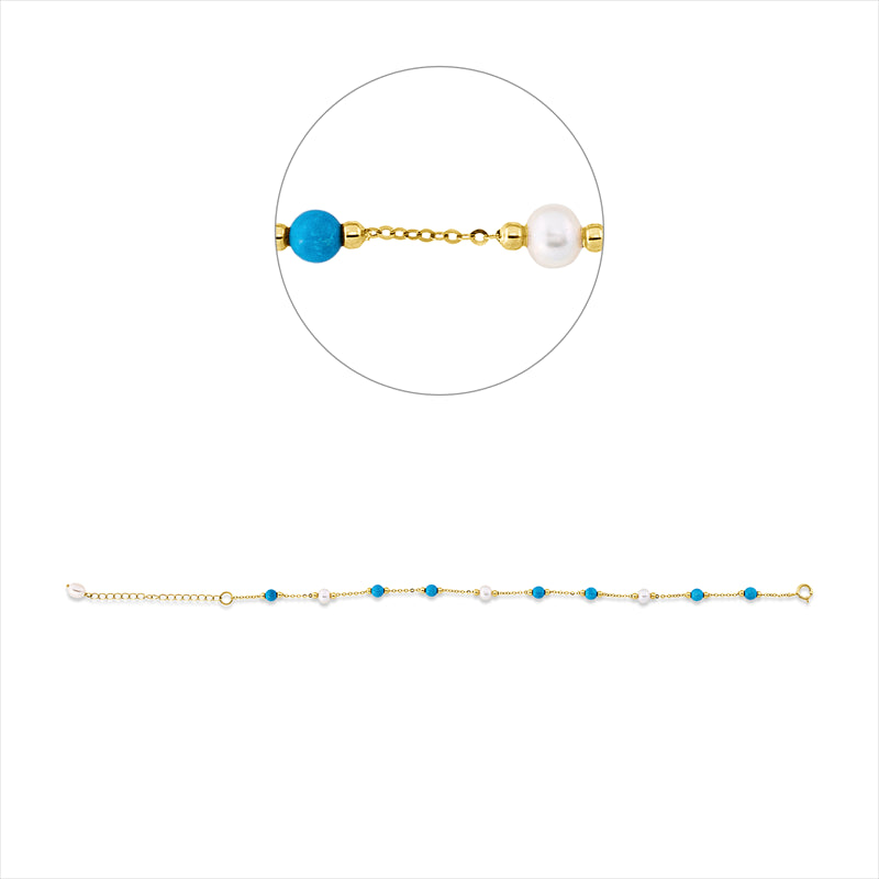 Armband 18 kt GG, mit ZÖ 18 cm, 7 Türkis 2,17 ct blau, 1 ZP weiß 4,5 mm, 3 ZP weiß 4 mm